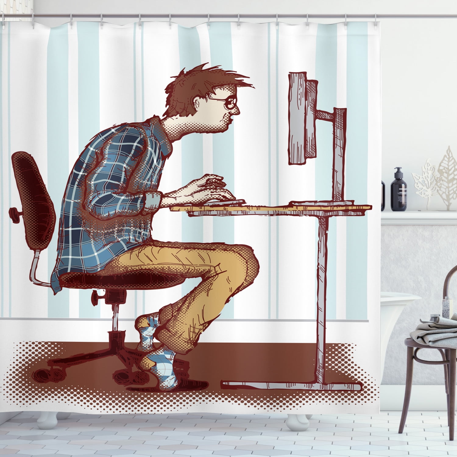 Geek Shower Curtain, Sketch of a Programmer Workaholic Guy Sitting in