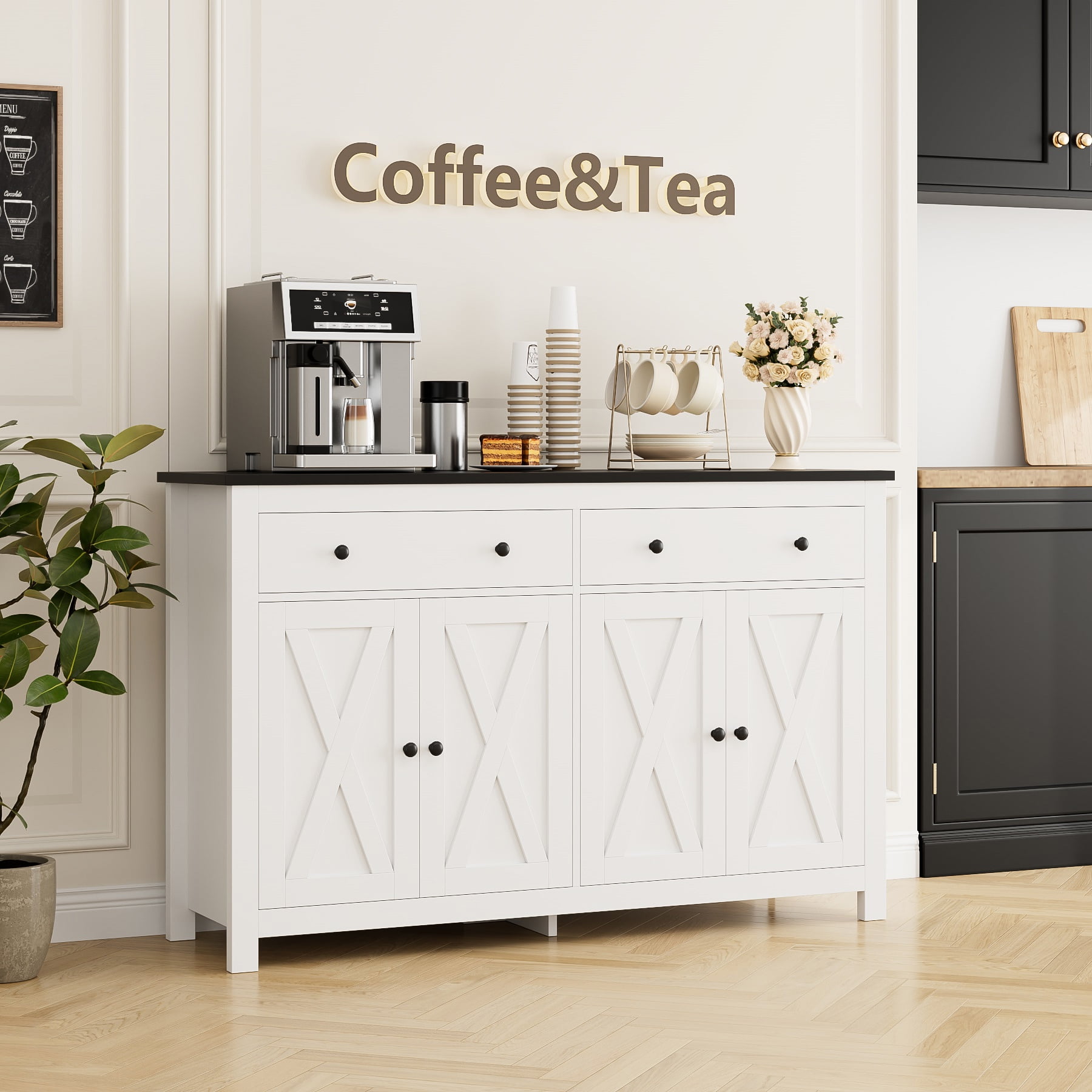 Homfa 4 Doors 2 Drawers Farmhouse Storage Cabinet Wood Sideboard with Adjustable Shelves for Kitchen Dining Room White