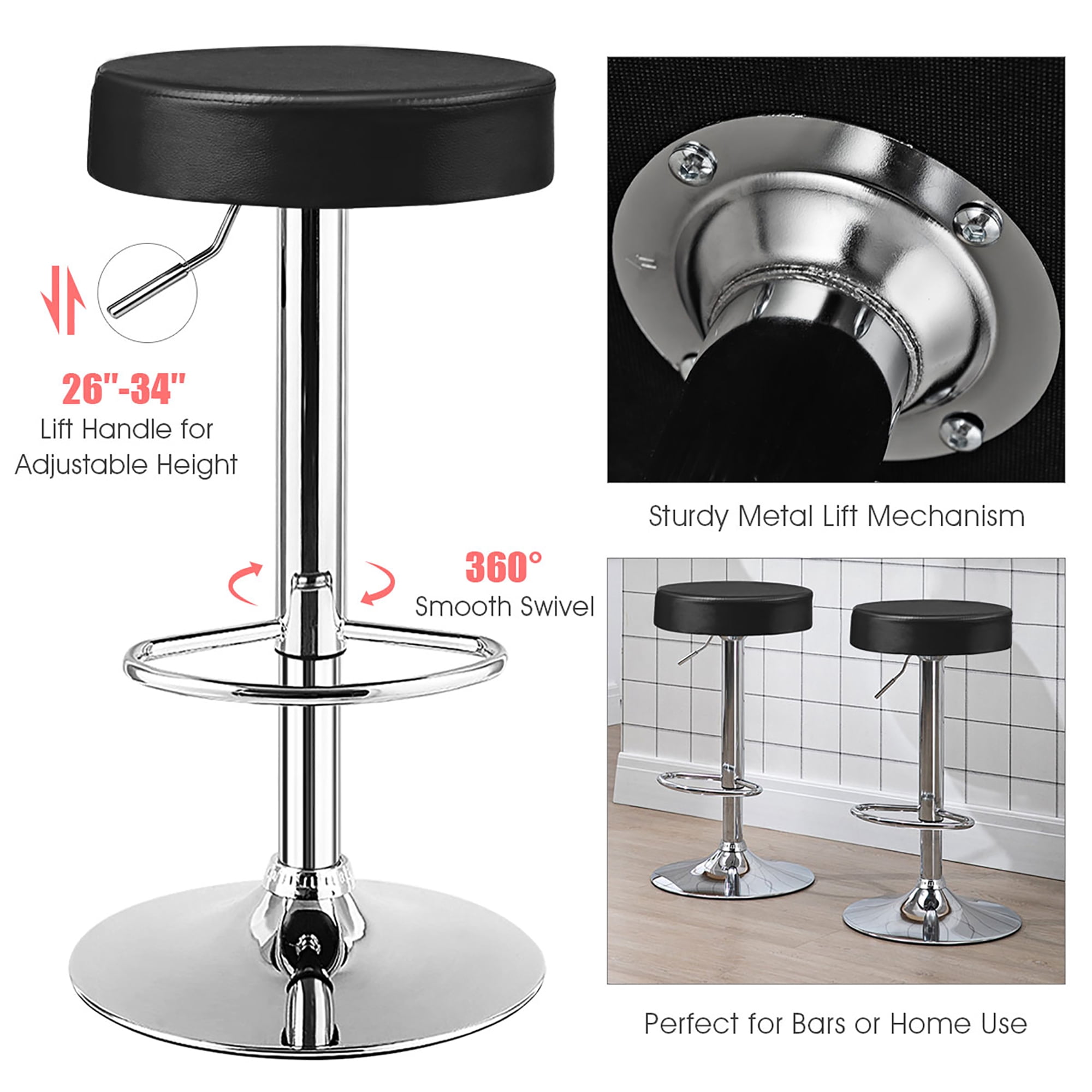 Costway 1 PC Round  Backless Bar Stool Adjustable Swivel Pub Chair U Leather with Footrest Black