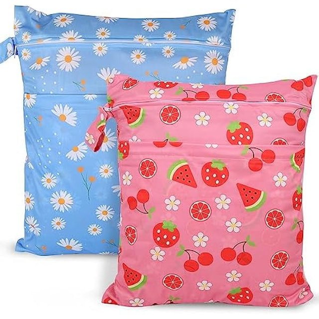 HAYAN2pcs Travel Waterproof Laundry Bag, Cloth Diaper Wet Dry Bags with Handle & 2 Zipper Pockets, Reusable Washable Dirty Clothes Bag for Baby Adult Travelling Hanging, Bathing Beach Pool Daycare