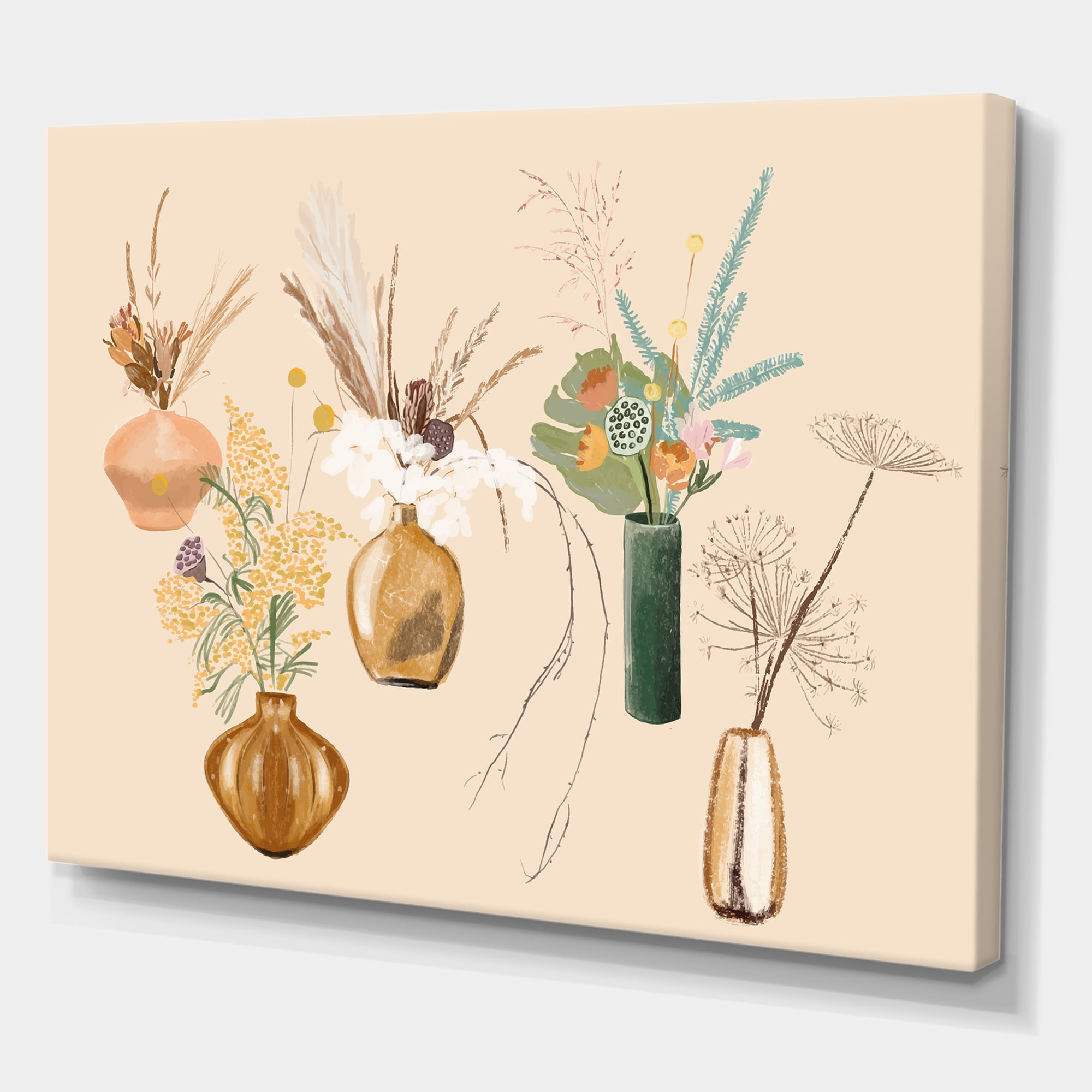 Designart ' Gold Vases With Bouquets Of Wildflowers III ' Traditional Canvas Wall Art Print