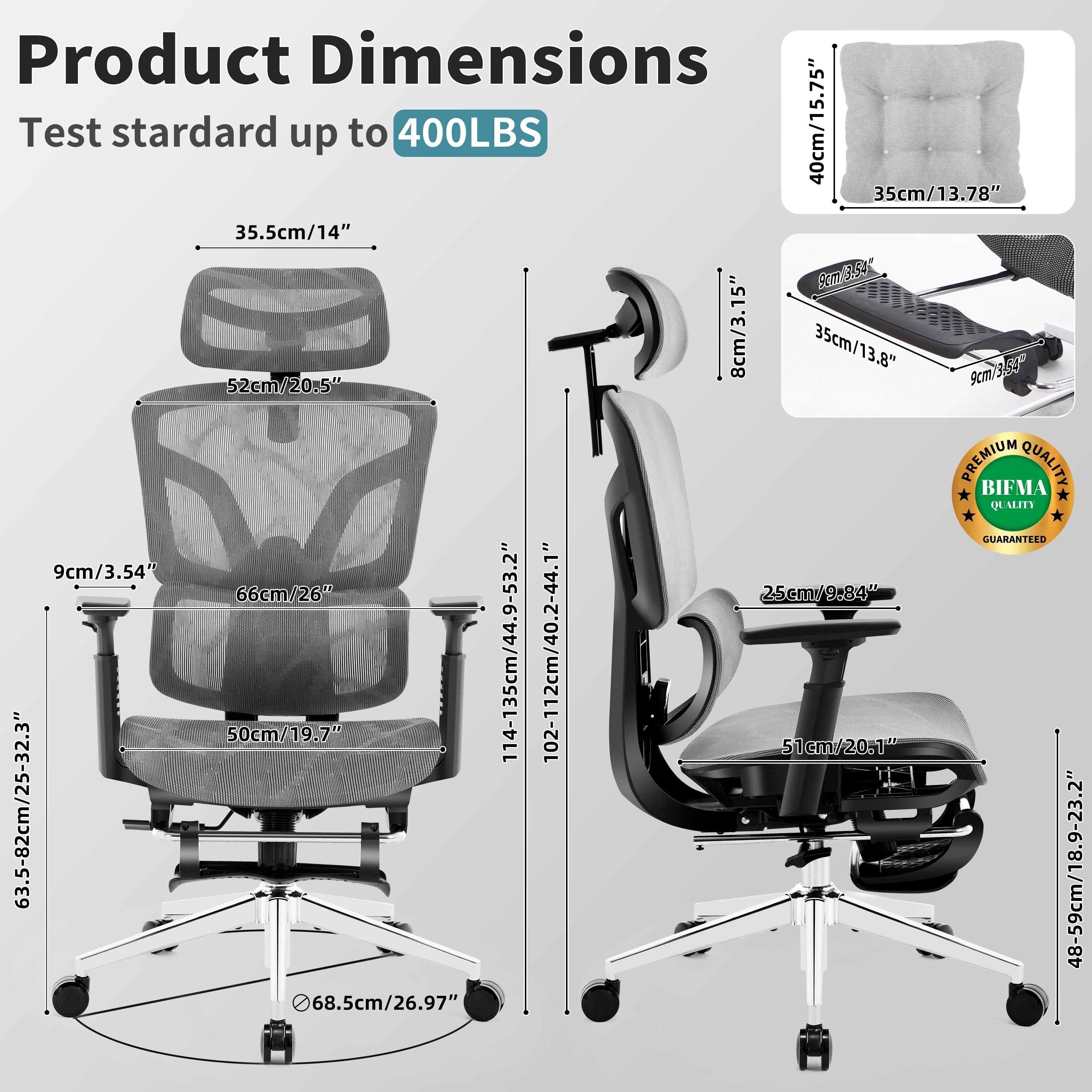 Nexthro Ergonomic Office Chair Mesh Chair with High Back Adjustable Headrest, Lumbar Support, 3D Armrest & Footrest, Swivel Computer Desk Chair(Gray)