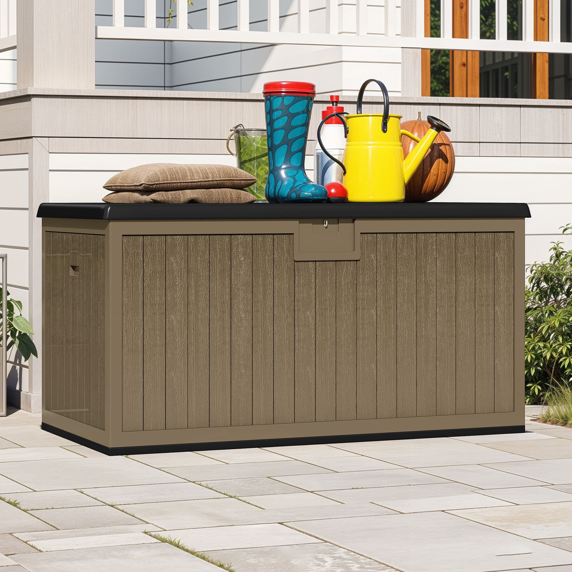 Uforic XXL 230 Gallon Large Deck Box, Outdoor Storage for Patio Cushions, Garden Tools, Flexible Divider, Waterproof, Lockable, Black & Brown