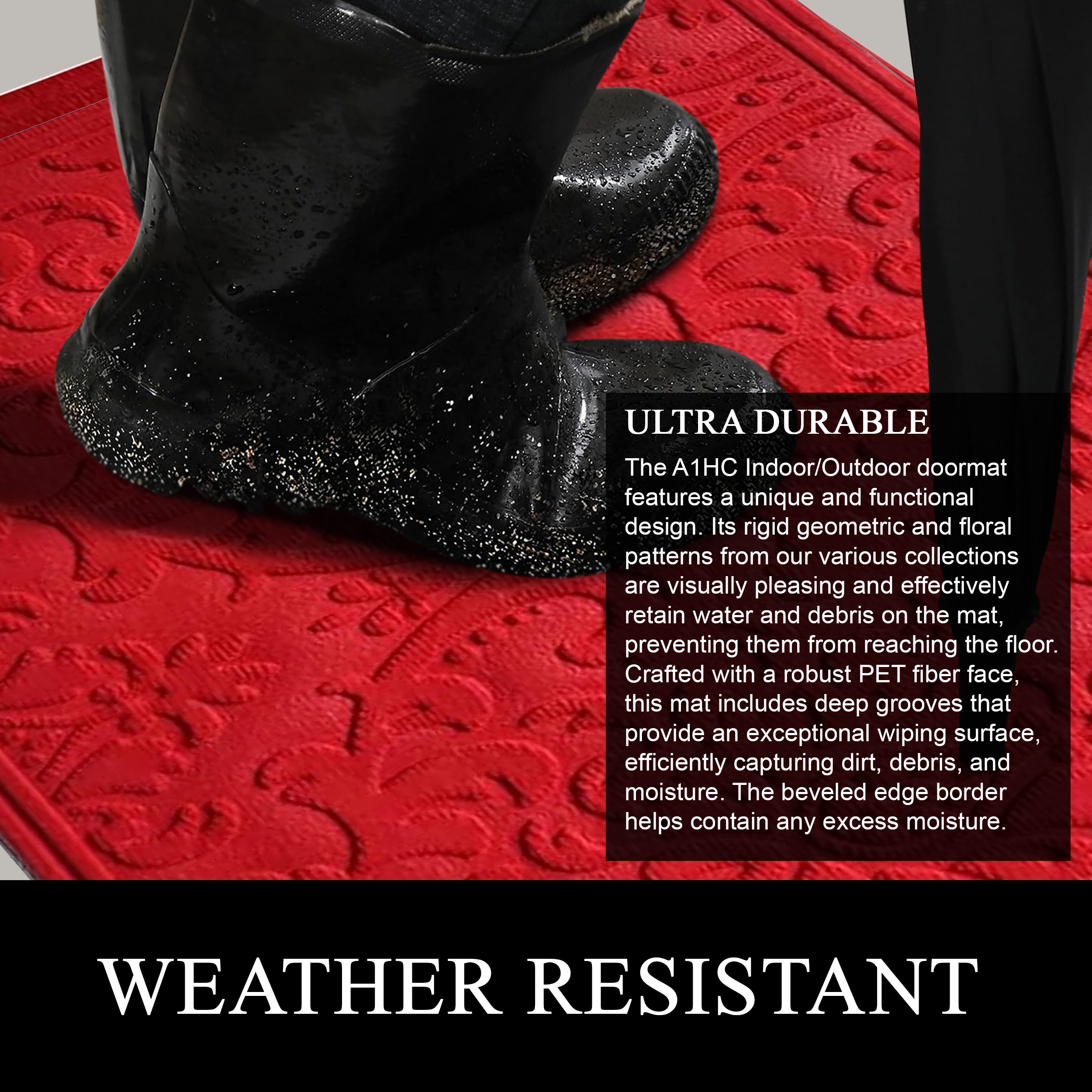 A1HC All Weather Dirt and Moisture Absorbing Polypropylene(PP) Door Mat with Tire Crumb Rubber Backing, Indoor Outdoor Use, Red, 24x36 Inch