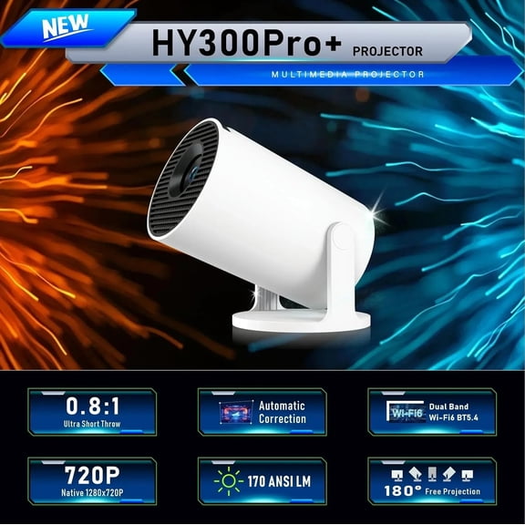 Projector, Upgraded  4K Projector with Wifi 6 and  5.4, Portable Projector with Android 14, Automatic  Correction, 180 Degree, 130 Inch Display (White)
