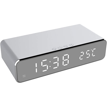 All In One Digital Alarm Clock And Mobile Phone Wireless Charging Station Electronic Desktop Alarm Clock With 3 Alarm Clock Sets And Temperature Display, 12/24H QI Standard