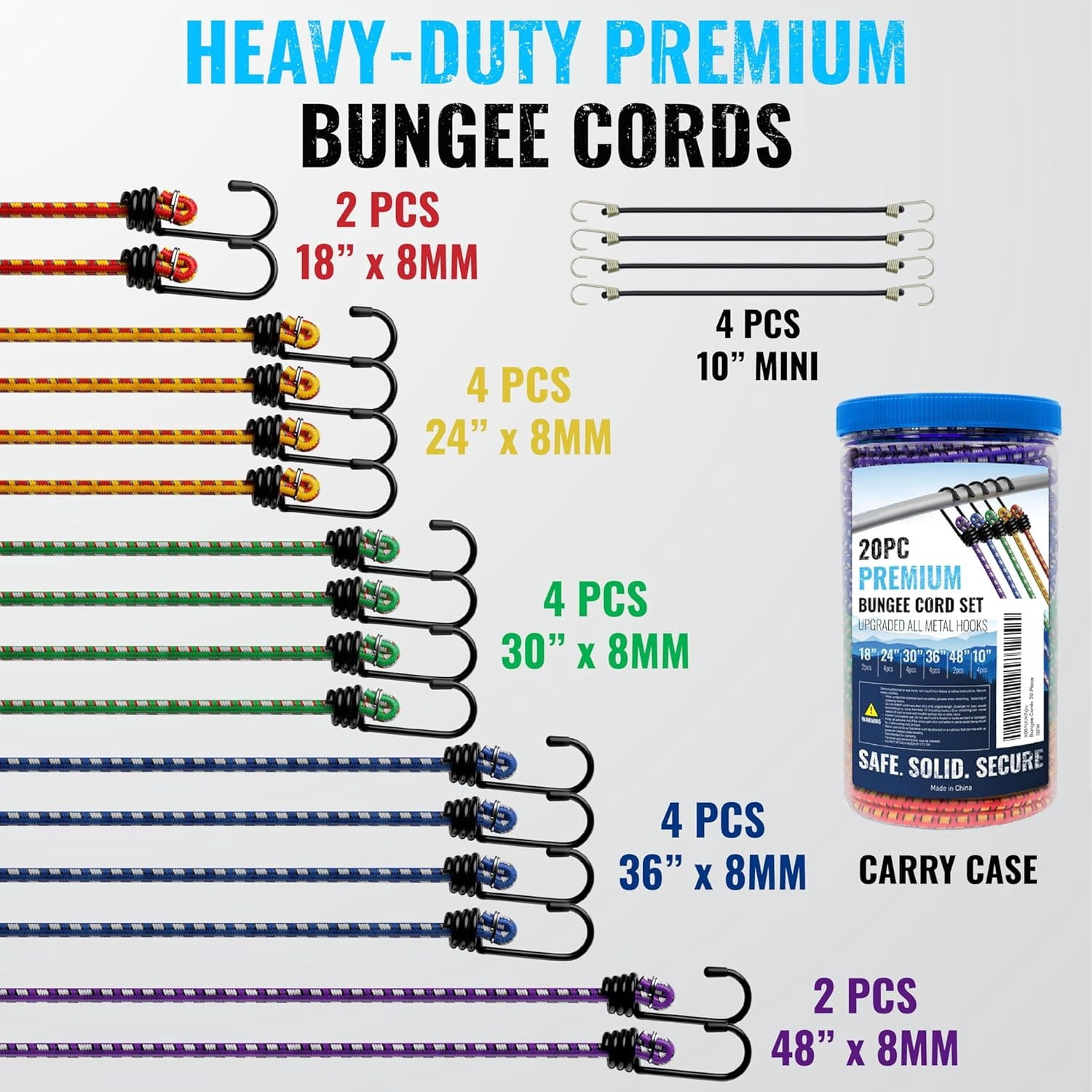 OFEFE Premium Bungee Cords Heavy Duty - 20 Pcs Bungee Cords with Hooks in a Storage Jar Includes 10", 18", 24", 30", 36", 48" Bungie Bundle