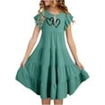 thumbnail image 2 of Girls Spring Dresses Child Toddler Girls Summer Double Layer Flutter Sleeve Flowy A Line Dress with Gradient Flower Print Robe Ado Fille Dark Green 14 Years-15 Years, 2 of 7