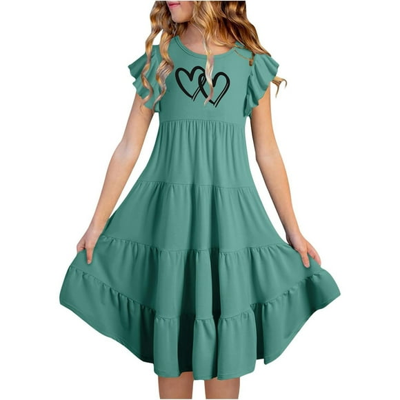 Tween Girl Dress Flutter Sleeve Sundress Princess Dress A-Line Dark Green Dress Girls Birthday Princess Dress