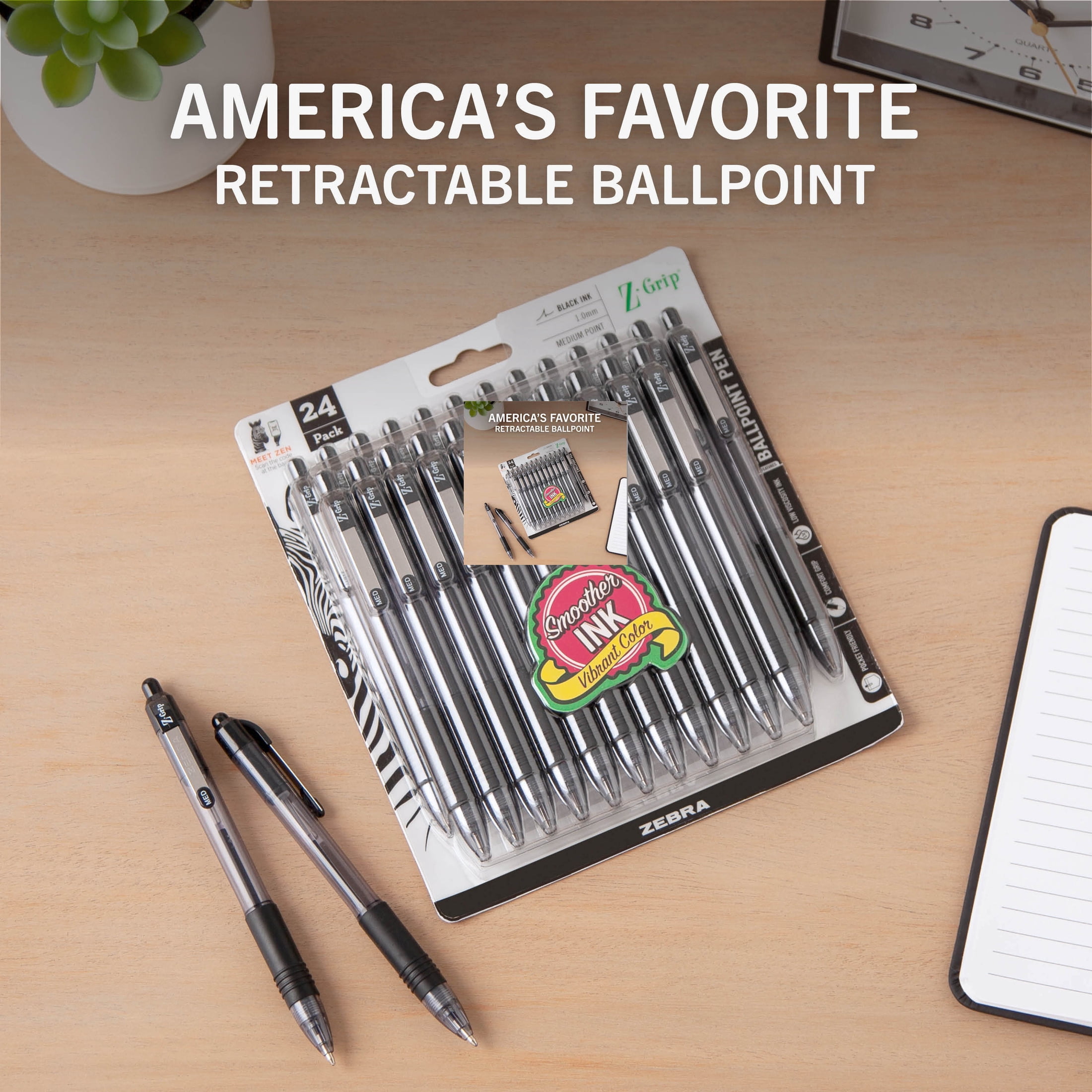 Zebra, Retractable Ballpoint Pen, 1.0mm Black 24pk, Comfortable