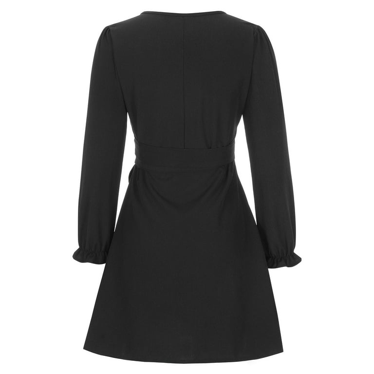 Women's Long Sleeve Wrap V Neck Dress Tie Waist Solid Color Casual