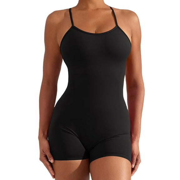 Backless Tummy Control Jumpsuits for Women Workout Sleeveless V Back Yoga Rompers Black XL