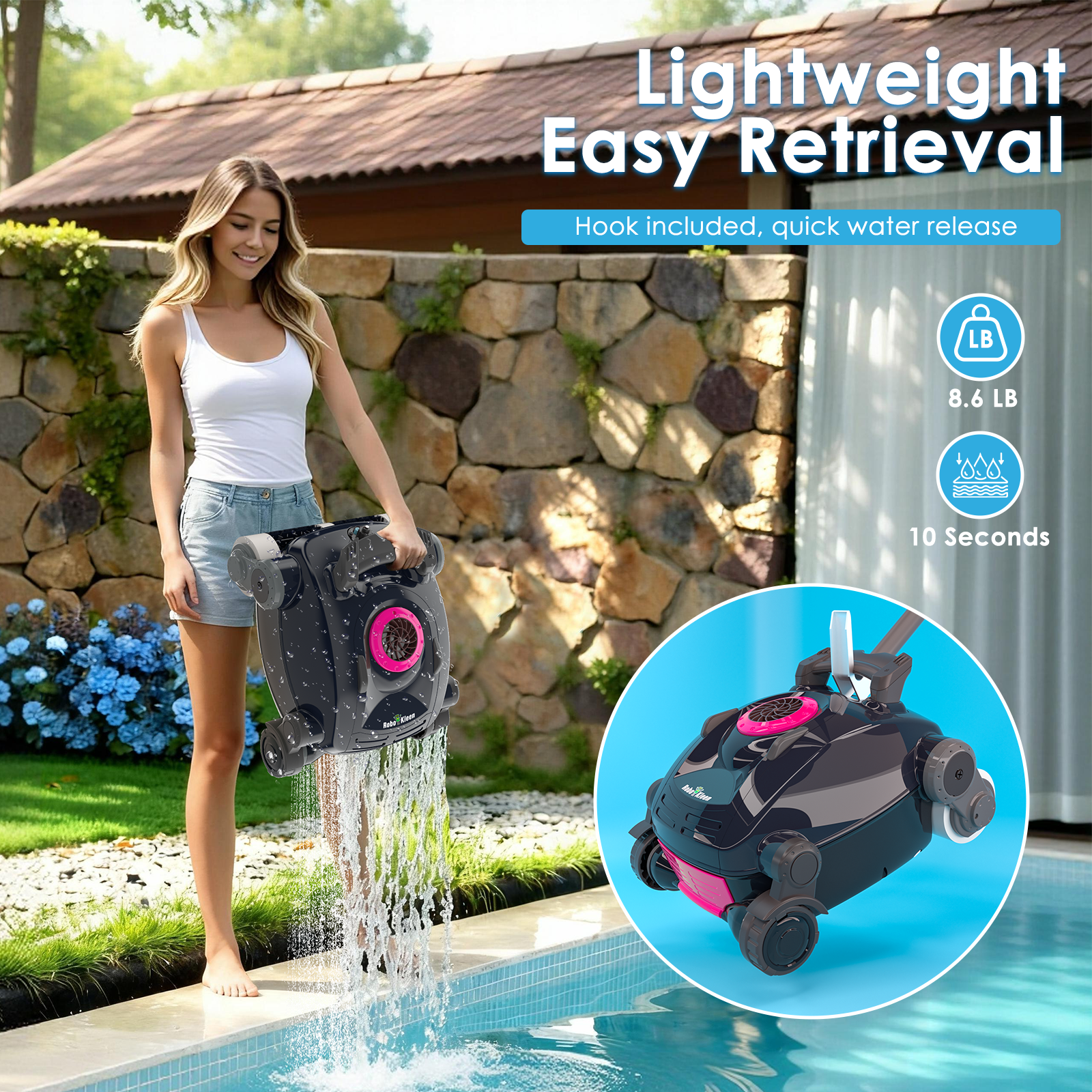RoboKleen RK-X1 Cordless Robotic Pool Cleaner, Wall Climbing for Inground Pool and Above Ground Pool, Lightweight, 2700 GPH Suction, 8L Large Capacity,Pink