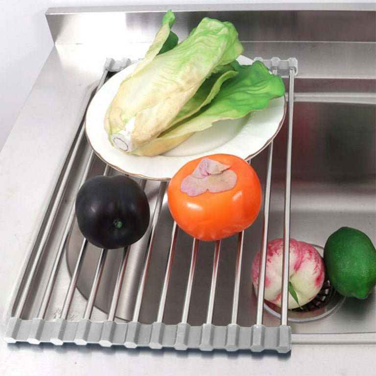 Kwikonmart Drain Rack  Stainless Steel Foldable Roll-Up Over Sink Fruit  Vegetable Utensils Drying Rack