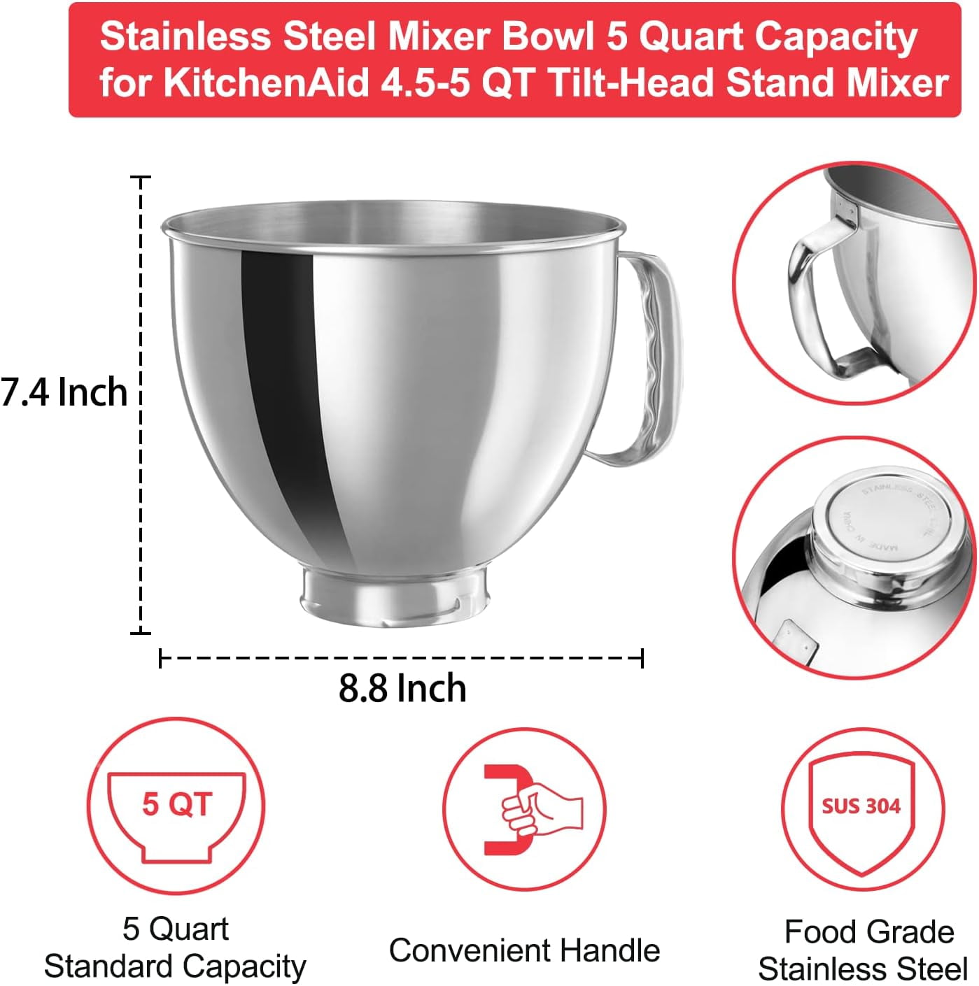 Stainless Steel Bowl for KitchenAid Classic&Artisan Series 4.5-5 QT Tilt-Head Mixer, 5 Quart 304 Stainless Steel Bowl with Handle, Dishwasher Safe.