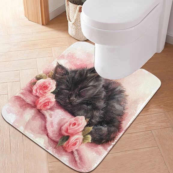 Toilet Rug U-Shaped Bathroom Rugs Non-Slip Soft Plush Machine Washable Contour Bath Mat Black Cat with Rose 24x20