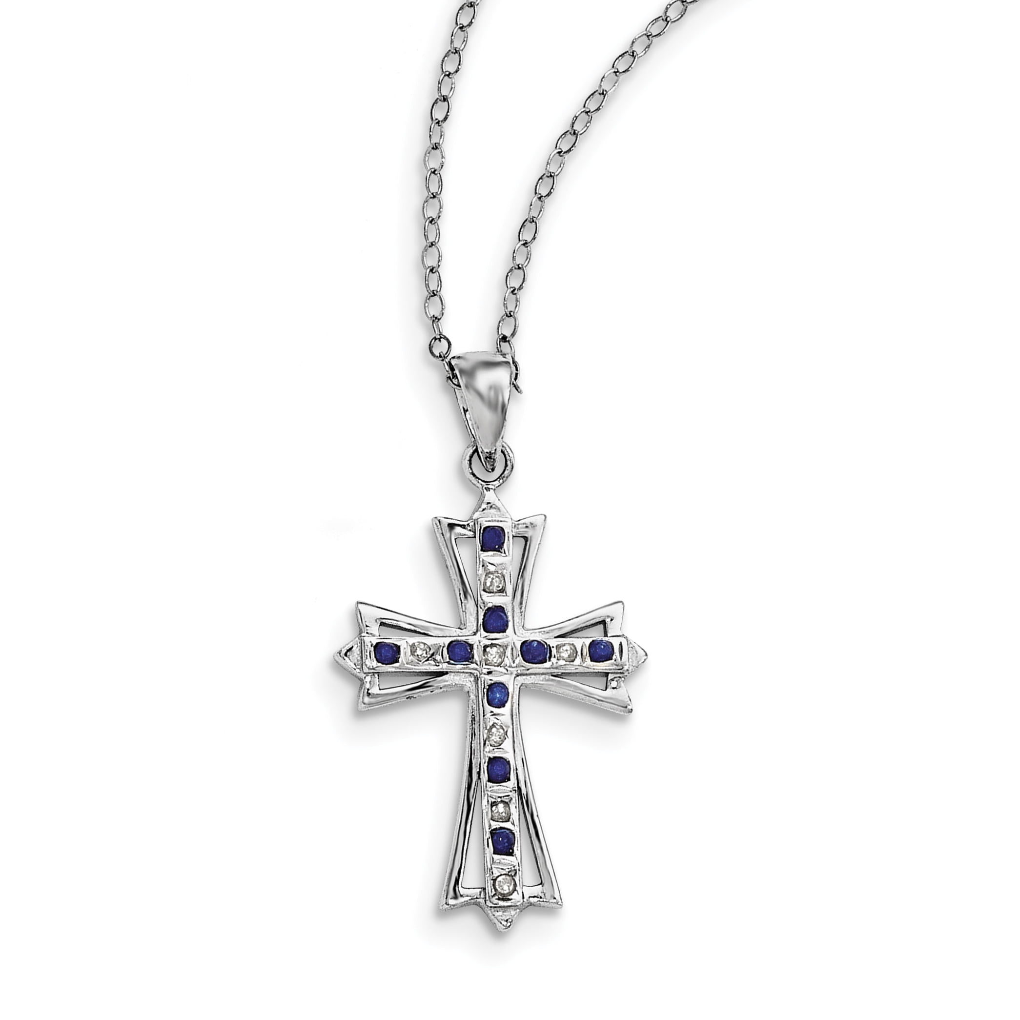 Sterling Silver & Platinum-plated Dia. & Sapphire 18in Cross Necklace by