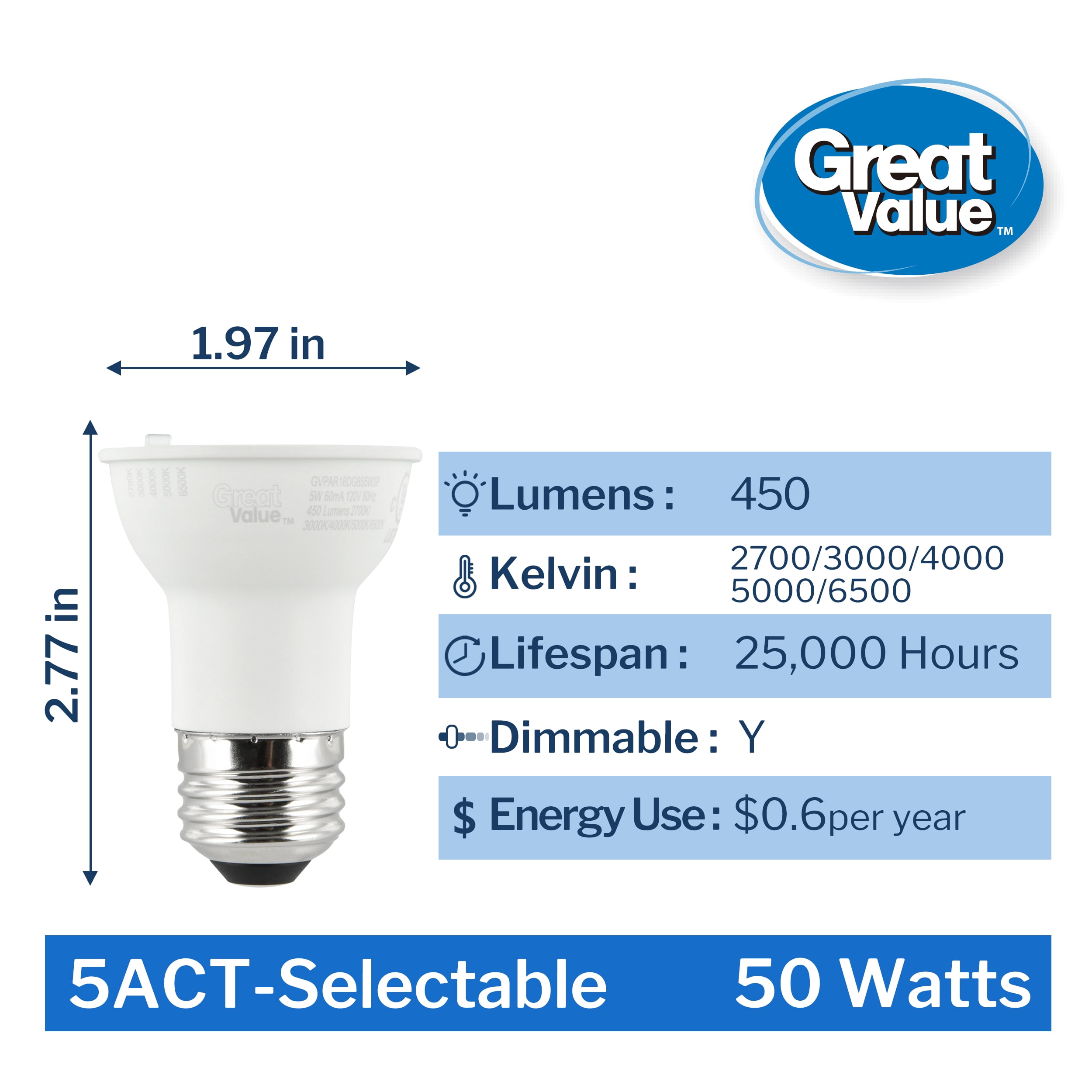 Great Value LED PAR16 5Watts (50W Equiv) 5ACT Indoor Light Bulb, Dimmable E26 Base (3 Pack) CA
