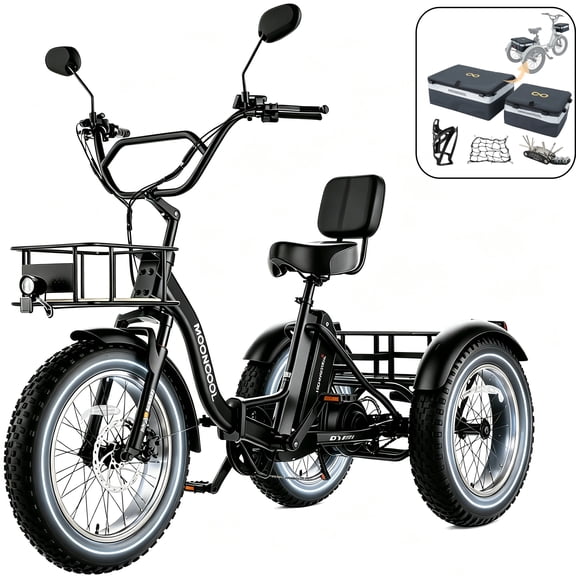 MOONCOOL Folding Electric Trike w/ Storage Bags , 48V Peak 1350W 3 Wheel Electric Bike for Adults, 20"x4.0" Fat Tire 7 Speed Electric Tricycle with 14.5Ah Battery, Rear Differential, Aluminum Frame
