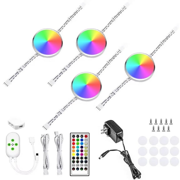 LED Low Voltage Puck Lights,Under Cabinet Plug-in Lighting Kit,RGB Color Changing (4 x Pack)