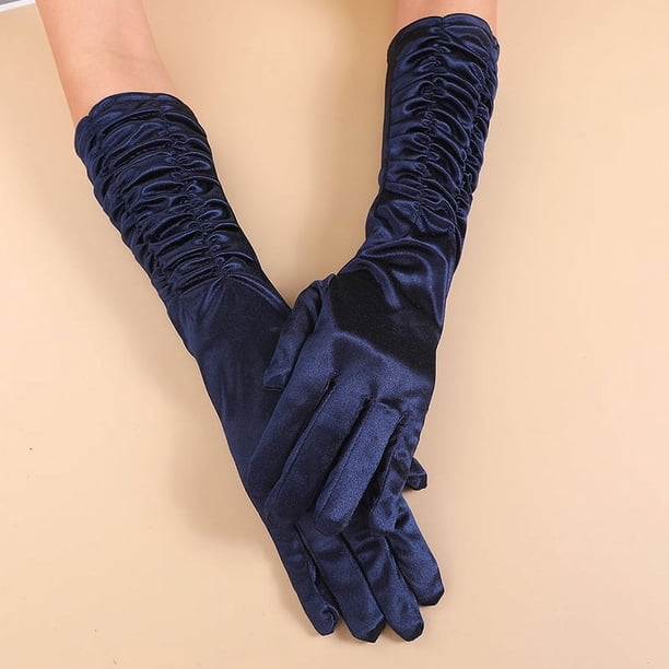 Zhuge Guantes de noche largos de satén para mujer, mangas retro para novia, boda, fiesta de ópera, azul oscuro