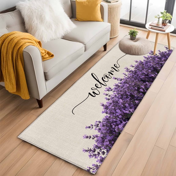 Spring Lavender Kitchen Runner Rug 2x6 Washable Runners for Hallway Non Slip Seasonal Blooms Botanicals Purple Flower Large Area Rug Indoor Floor Carpet for Bathroom Laundry Entryway Bedroom