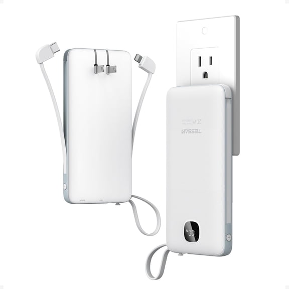 Portable Charger with Built in Cables, 10000mAh Power Bank Fast Charging with Foldable Wall Plug Charger, PD20W Compact Battery Pack Travel Essentials for iPhone 17/16/15 Series,Samsung,Tablets