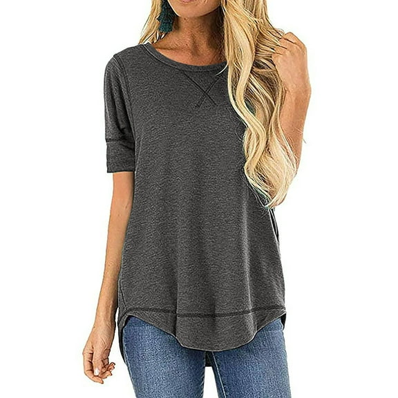 SHIBEVER T Shirts for Women Tops Short Sleeve Summer Fashion Loose Fit Tunic Tops Dressy Crewneck Ladies Blouses Tops Dark Grey