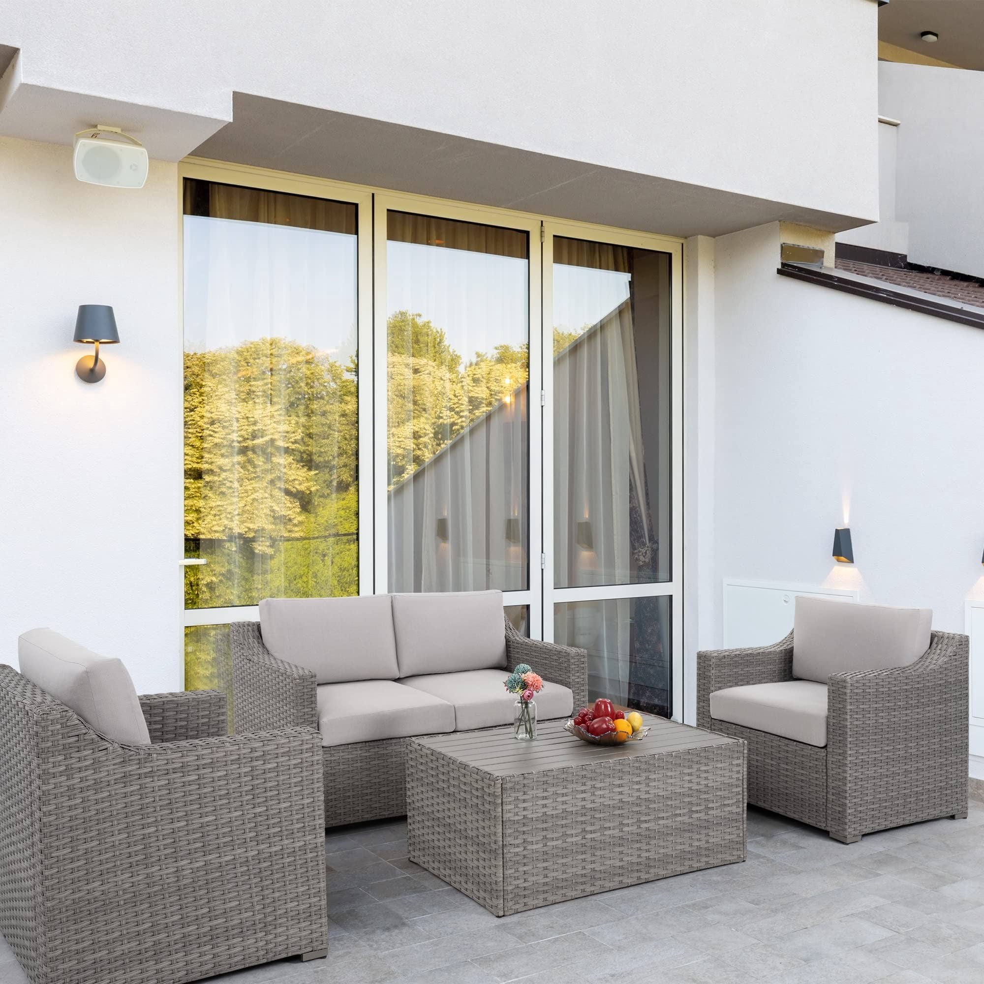 Outdoor Sectional Sofa Patio Conversation Set, Wicker Outdoor Furniture Loveseat with Coffee Table All Weather Cushioned Seating for Backyard Porch Deck (Gray/Beige)