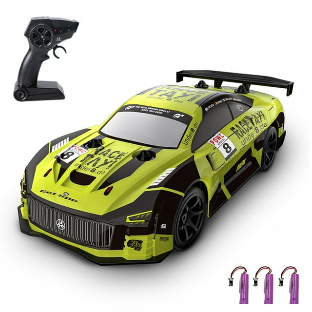 Yellow 1/20 Scale 2.4GHz RC Drift Car with 3 Batteries, Brushed Motor, 40M Control Range, 15min Runtime, 3.7V 500mAh Batteries, Includes Remote Controller, Charging Cable, 4 Replaceable Tires,