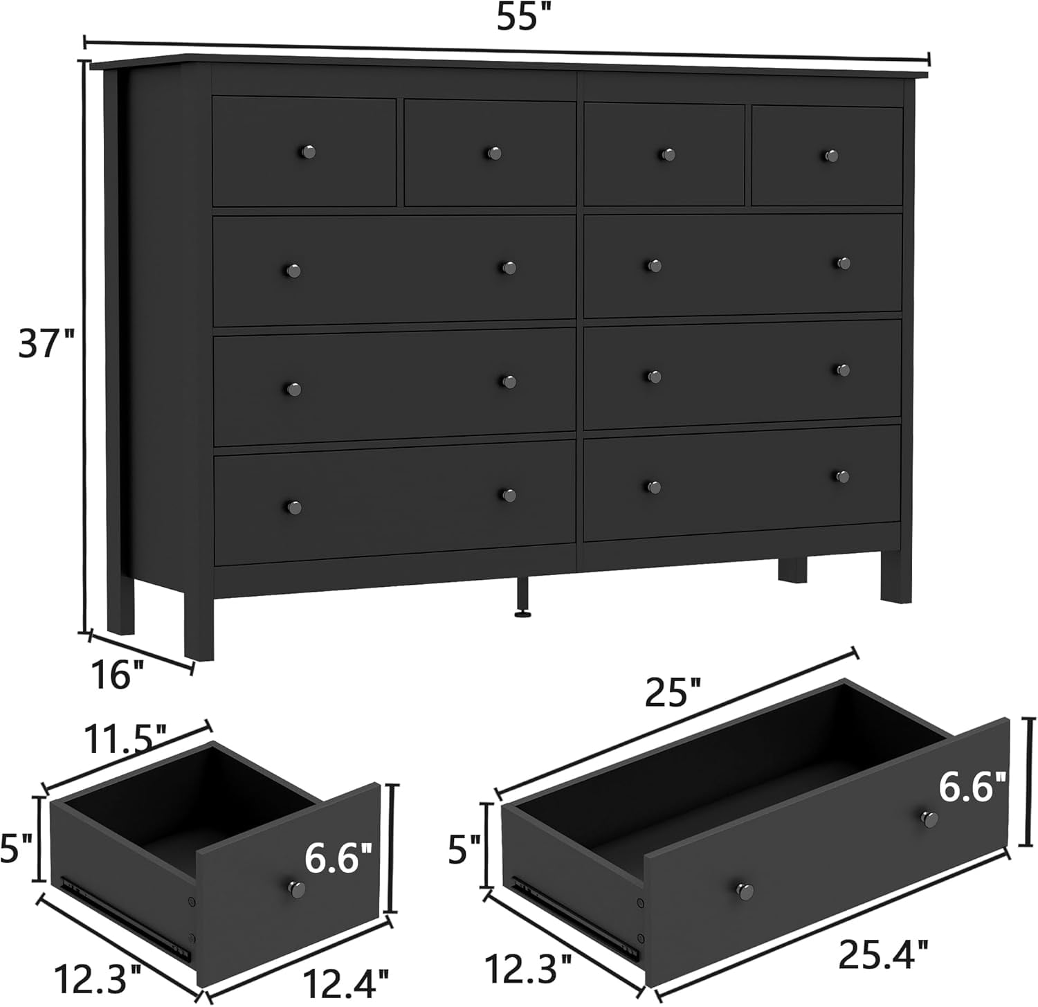 Akaber 10 Drawer Dresser, 55" Modern White Dressers, Chest of Drawers, Wooden Wide Dresser for Bedroom, Living Room, Black