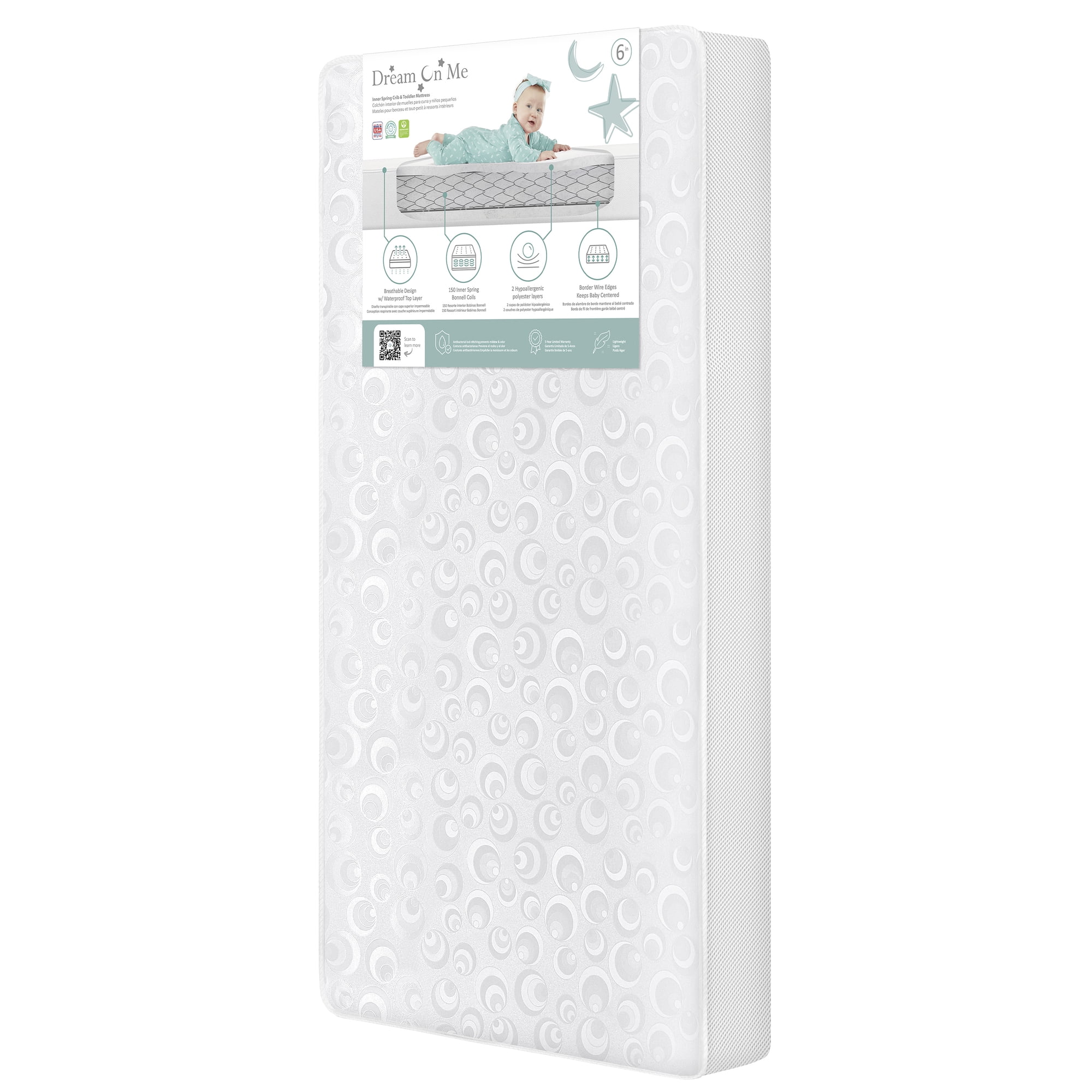 Dream On Me 2-in-1 Breathable 150 Ultra Coil Inner Spring Standard Crib & Toddler Mattress in White I Greenguard Gold Certified I JPMA Certified