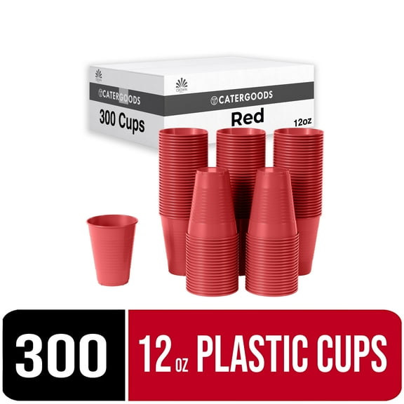 Exquisite 12 oz Disposable Cups - 300 Heavy Duty Plastic Cups - Red