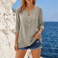 thumbnail image 4 of Ruimatai Women's Casual Lace Embroidered Blouses 3/4 Sleeve V Neck Button Down Linen Tops for Summer Daily Wear, 4 of 7