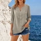 thumbnail image 5 of Craaazy Women's Casual V Neck Blouse, Solid Color 3/4 Sleeve Lace Detail Top, Loose Fit Comfy Button Down Shirt for Daily Wear Gifts, 5 of 7