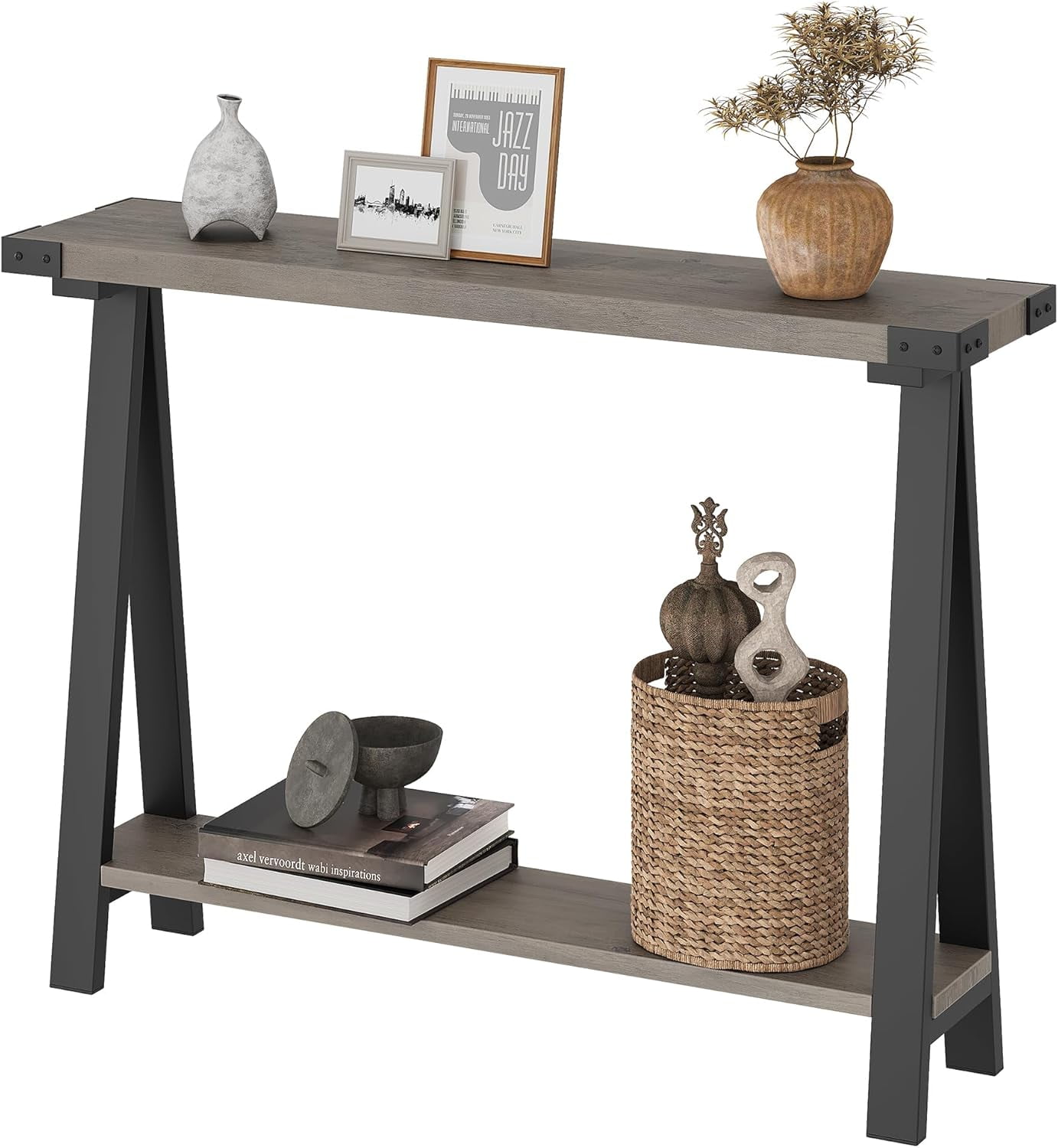Entryway Console Table, 43" Sofa Table with Metal Legs, 2 Tier Narrow Entry Table Entry Hallway Table with Thicker Desktop, Modern Behind Couch Table