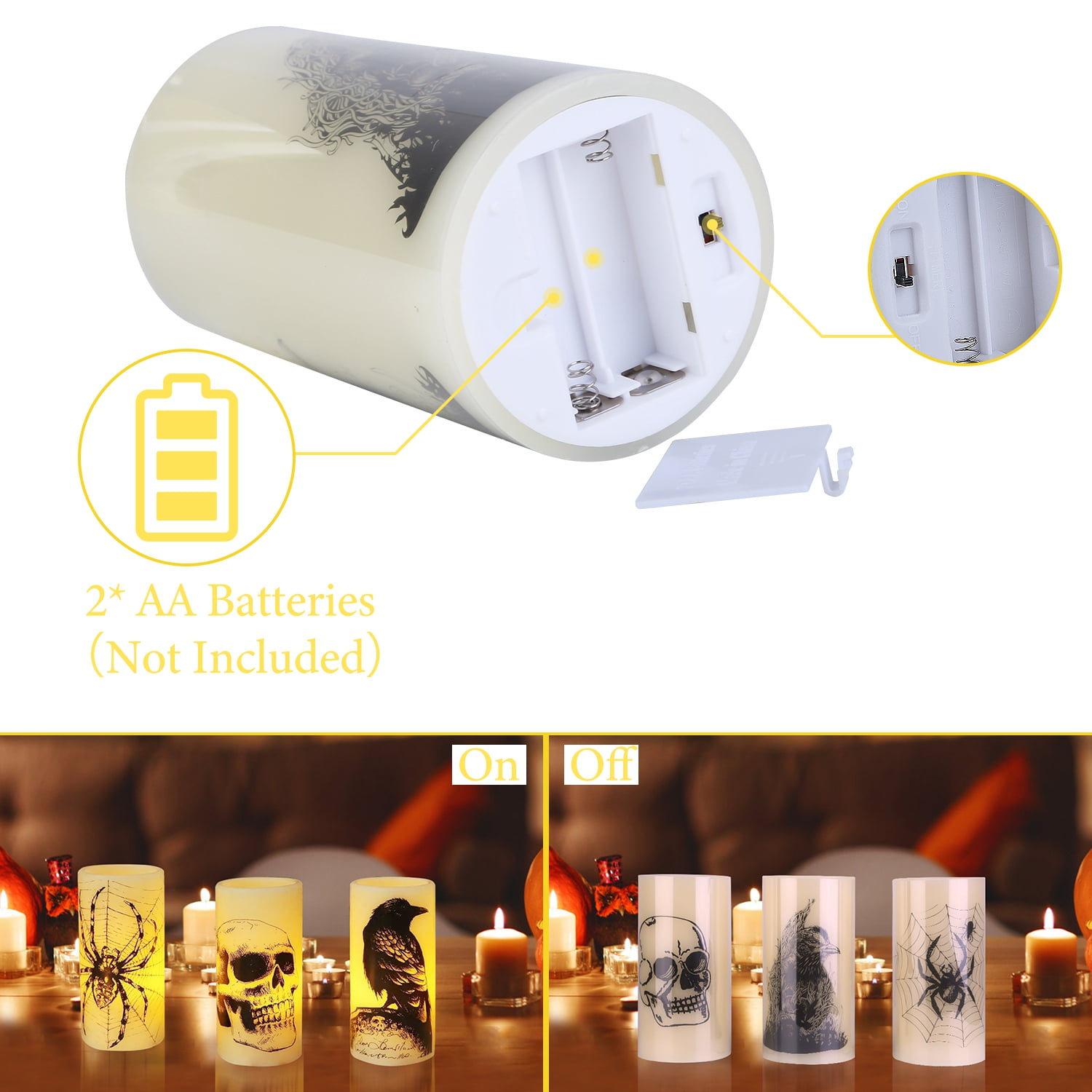 Moclever 3Pack Halloween Flameless Candles with Timer, Battery Operated LED Candle Lights, Spider Crow Skull Design for Party Decoration