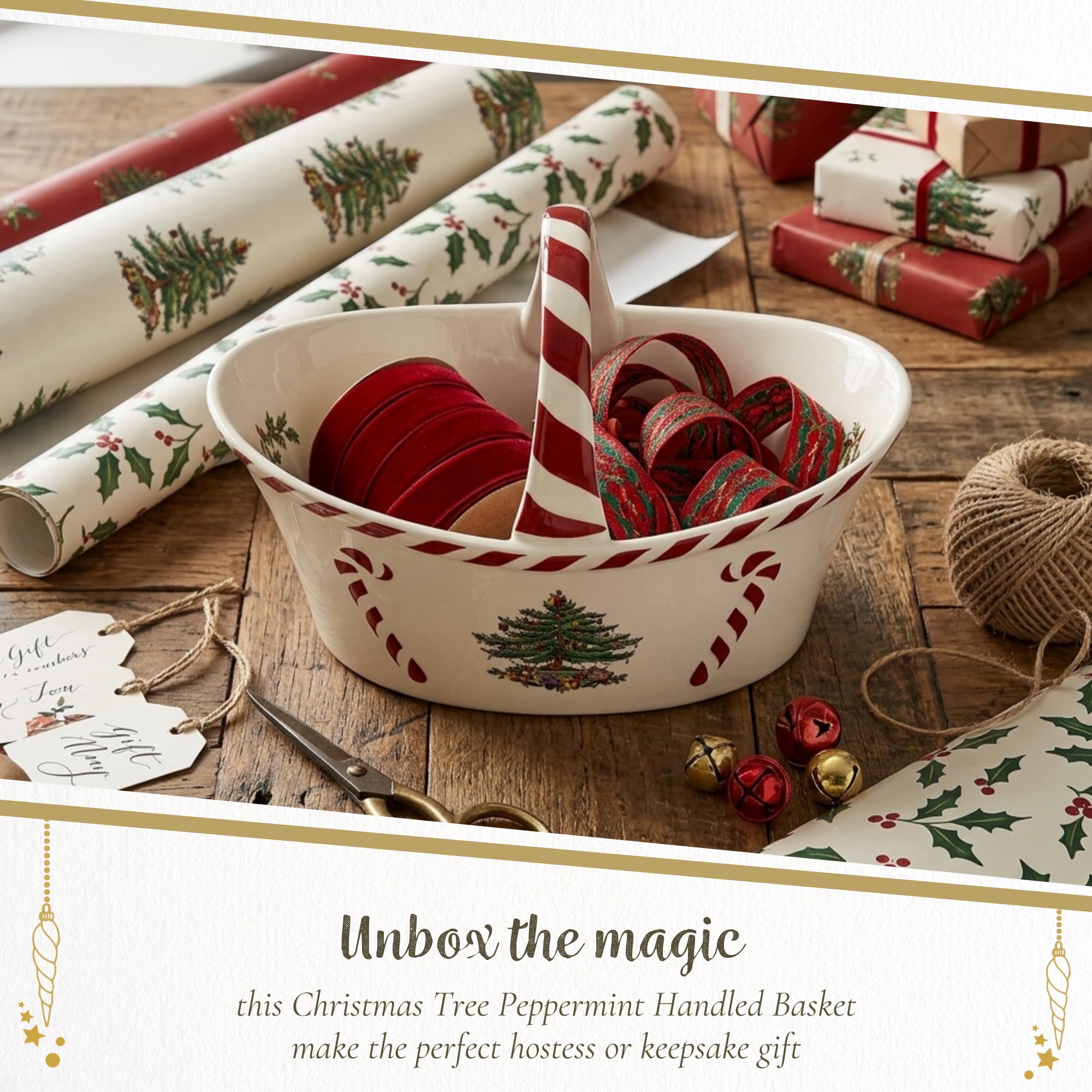 Spode Christmas Tree Candy Basket, 6.5-Inch Candy Bowl with Peppermint Handle for Holiday Snacks, Earthenware Christmas Gift, Festive Serveware & Holiday Display Bowl, Seasonal Décor