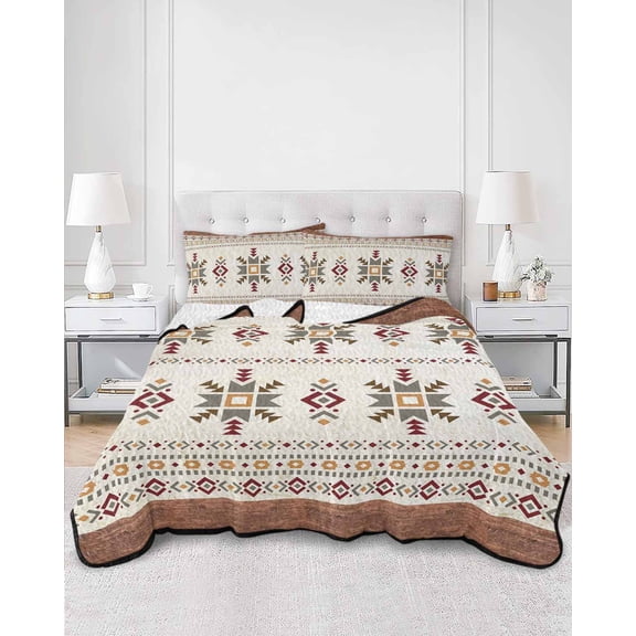 Quilts Twin Size, Boho Geometric Soft Comforter Bedding Set for Bed, Modern Brown Abstract Art Western Southwest Lightweight Quilted Bedspread with Pillow Cover(2 Pieces) for All Season, 68x86 Inch