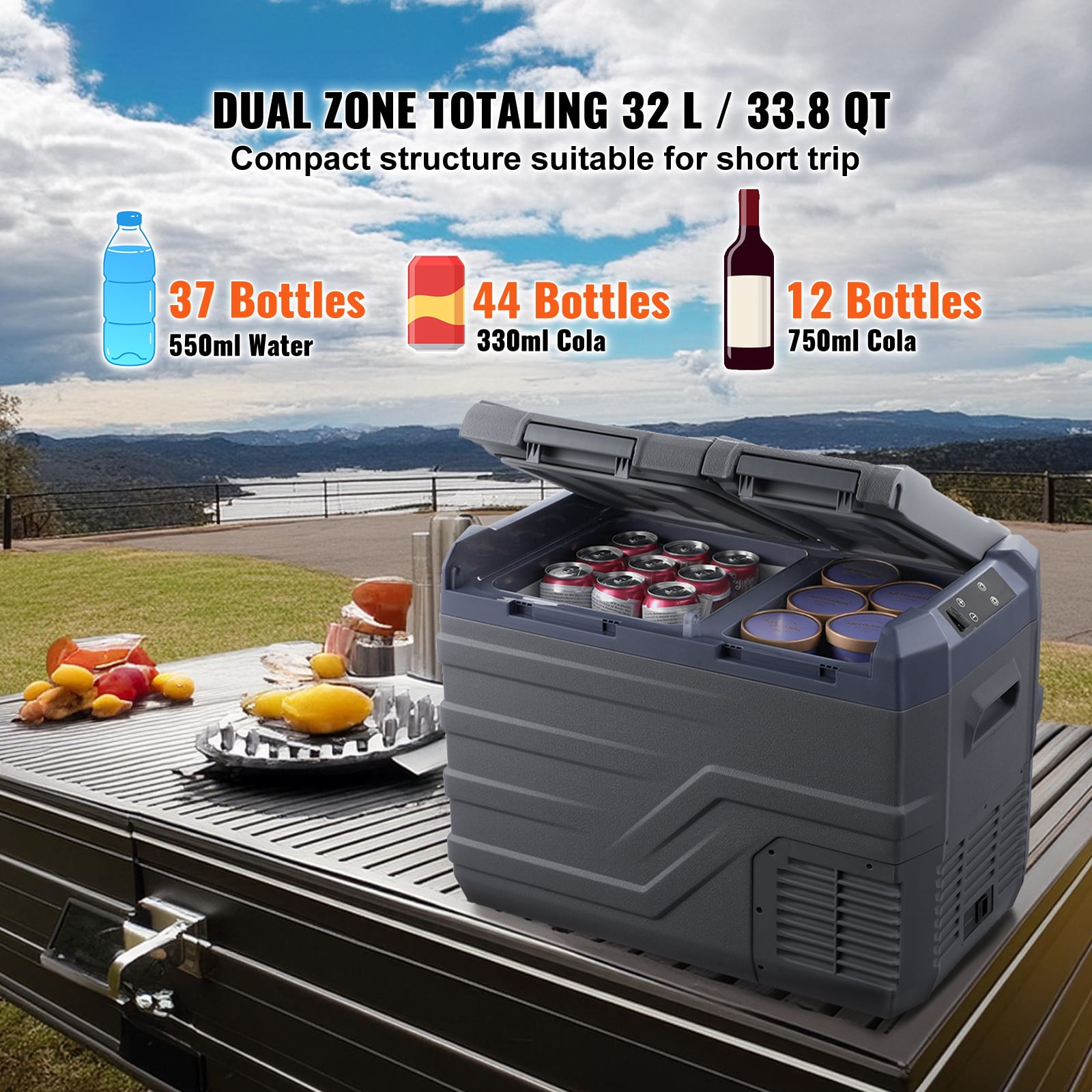 KFFKFF Car Refrigerator, 34 Quart Dual Zone Portable Compressor Cooler (-4℉~68℉), 12/24V DC & 100-240V AC for Camping RV Outdoor Use