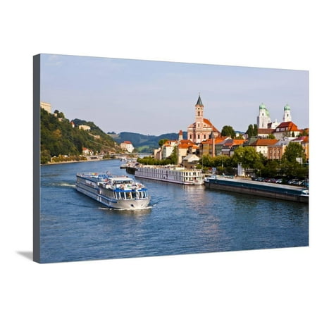 Cruise Ship Passing on the River Danube, Passau, Bavaria, Germany, Europe Stretched Canvas Print Wall Art By Michael