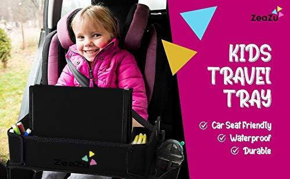 ZEAZU Kids Travel Tray with Bag - Toddler Car Seat Tray, Foldable Lap Travel Table Desk with iPad Holder, Drawing Board, Storage Pocket Organizer for Child Road Trip, Car Stroller, Airplane - Black