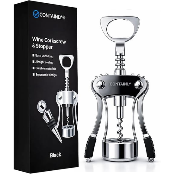 Containly Sophisticated Wine Gift Set: Durable Zinc Alloy Opener with Silicone Grip & Wine Stopper - Chic Black Protective Box - Perfect for Housewarming, Birthdays & Special Occasions