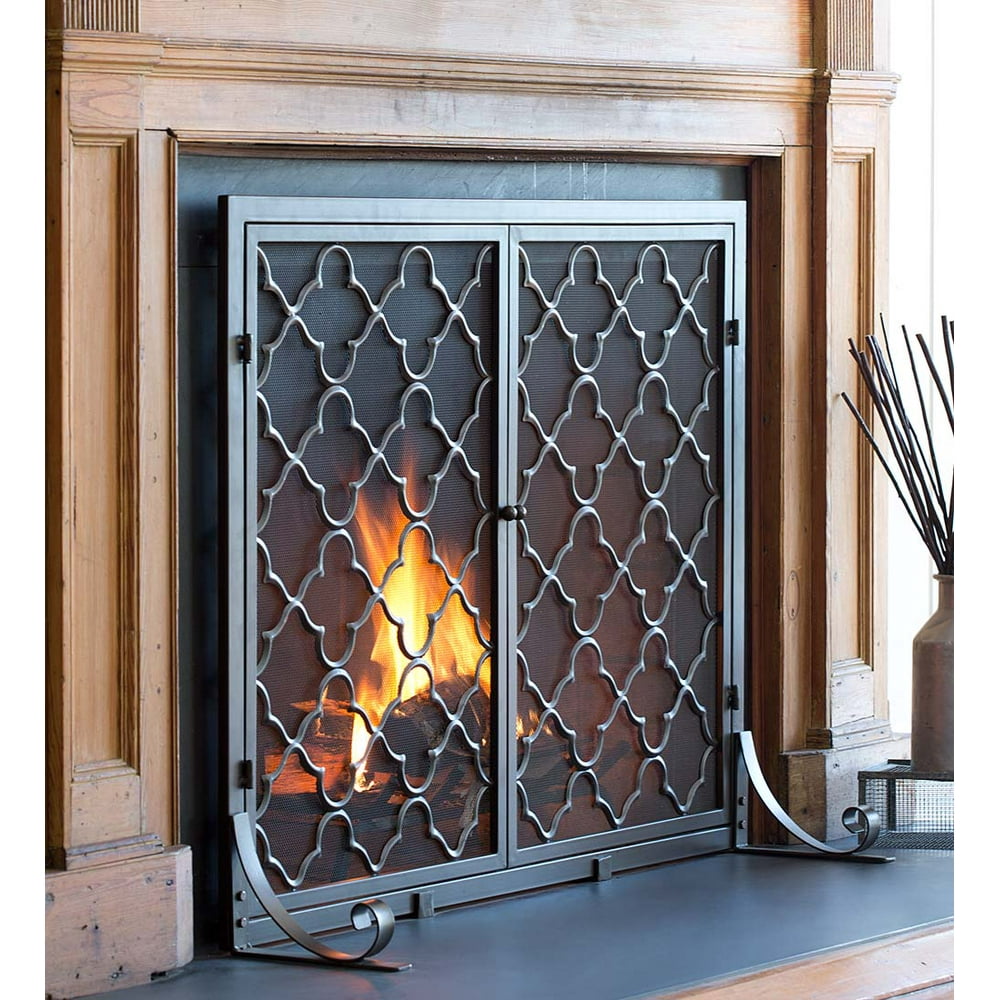 Small Geometric Fireplace Fire Screen with Doors, Bronze