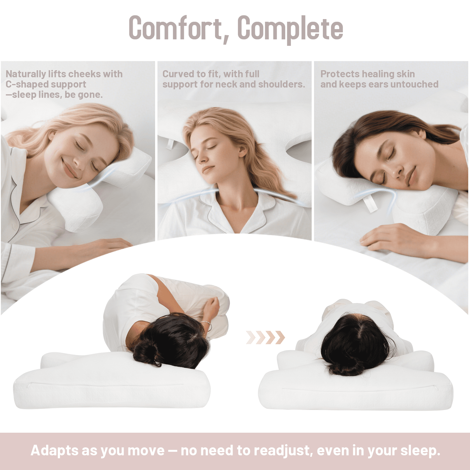 RoamReady Anti Wrinkle Side Sleeper Pillow, Adjustable Neck Support Pain Relief Beauty Pillow for Adults, White