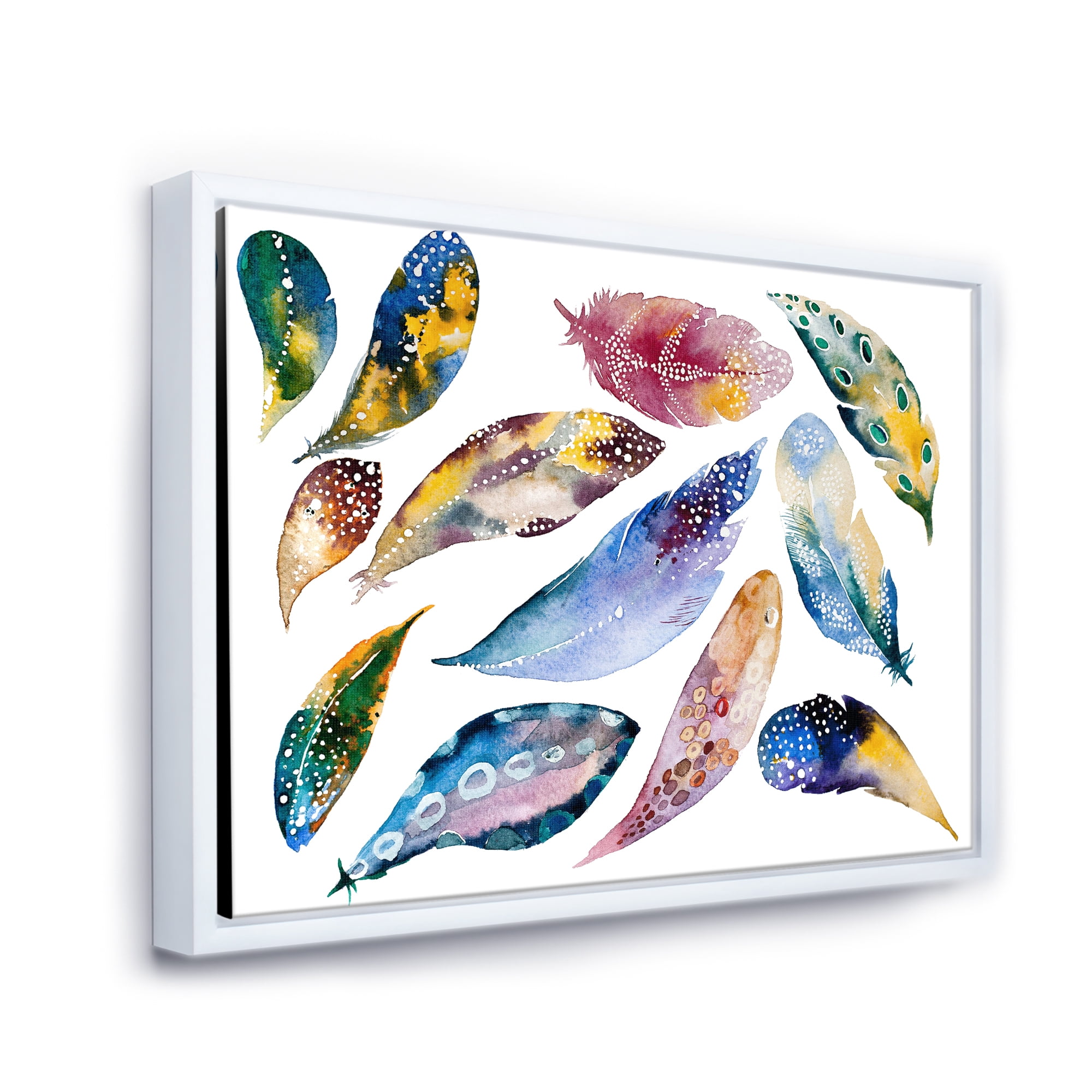 Designart 'Colourful Boho Feather Set On White VI' Bohemian & Eclectic Framed Canvas Wall Art Print