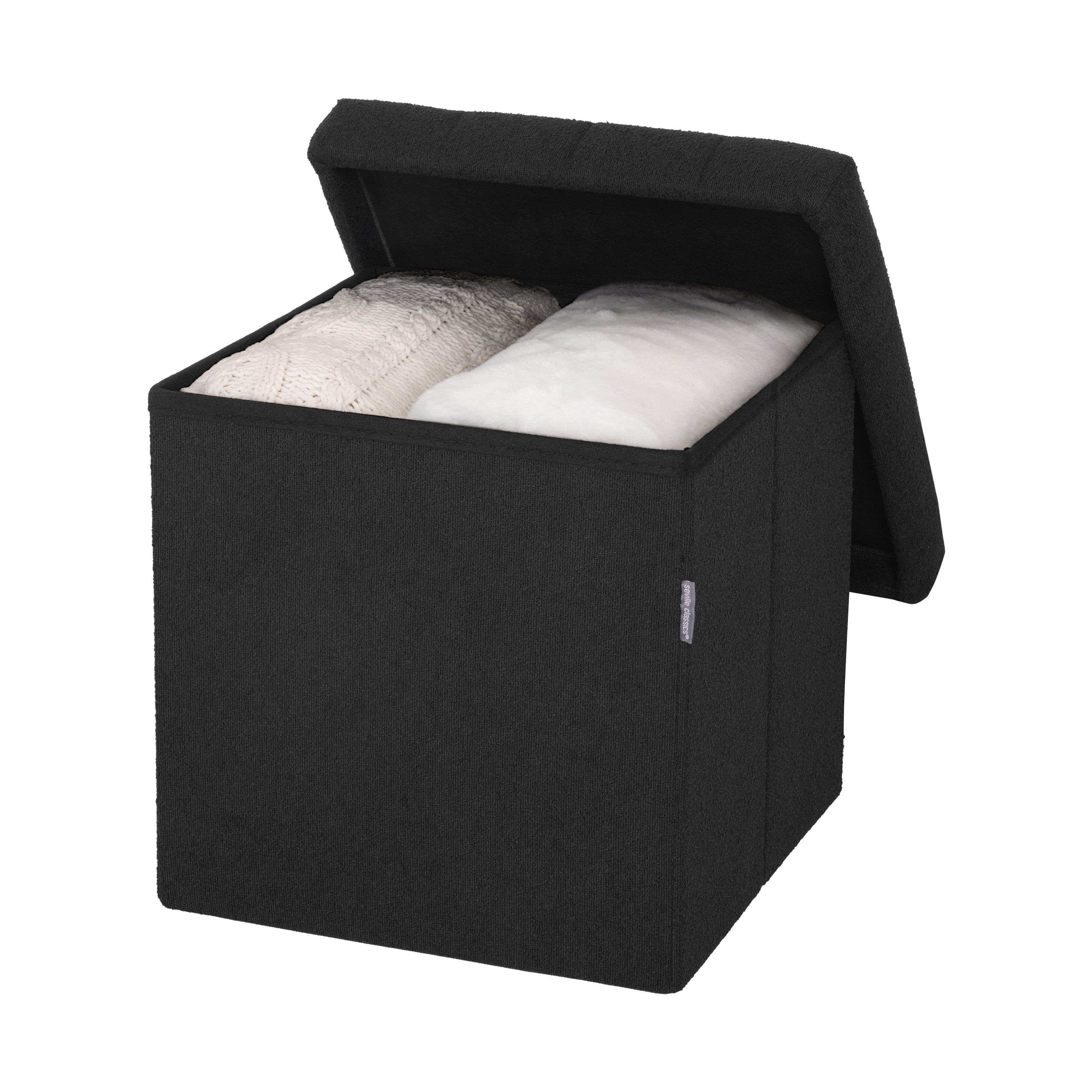 Seville Classics Cushioned Fabric Ottoman Hidden Storage Chest Footrest Chair for Bedroom, Dorm, Loft, Living Room, Entryway, Hallway, Black Boucle, 15.7" Cube