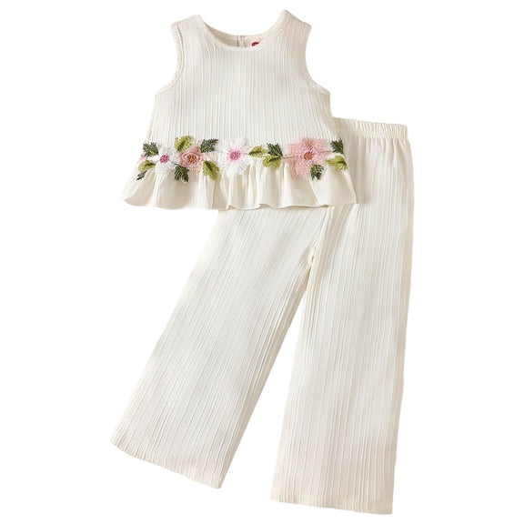 KPOPLK Toddler Baby Girl Summer Clothes Outfits Crocheted Ruffle Camisole Tank Top Pants Kids Clothing Set(2-3 Years,White)