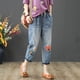 thumbnail image 1 of Pantalones vaqueros de mujer de primavera y otoño con bordado artístico roto, pantalones capri de mujer con cintura alta elástica, pantalones vaqueros holgados de talla grande para mujer, 1 of 6