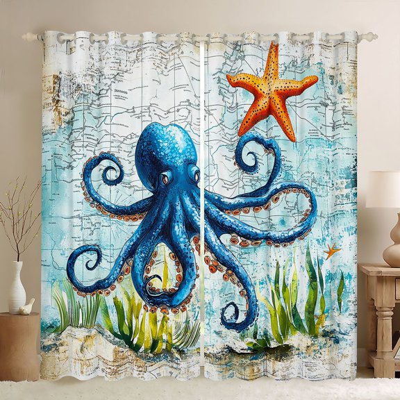 Manfei Vintage Octopus Black Out Curtains for Kids Boys and Girls, Coastal Curtains Pack of 2 (42x63 Each)